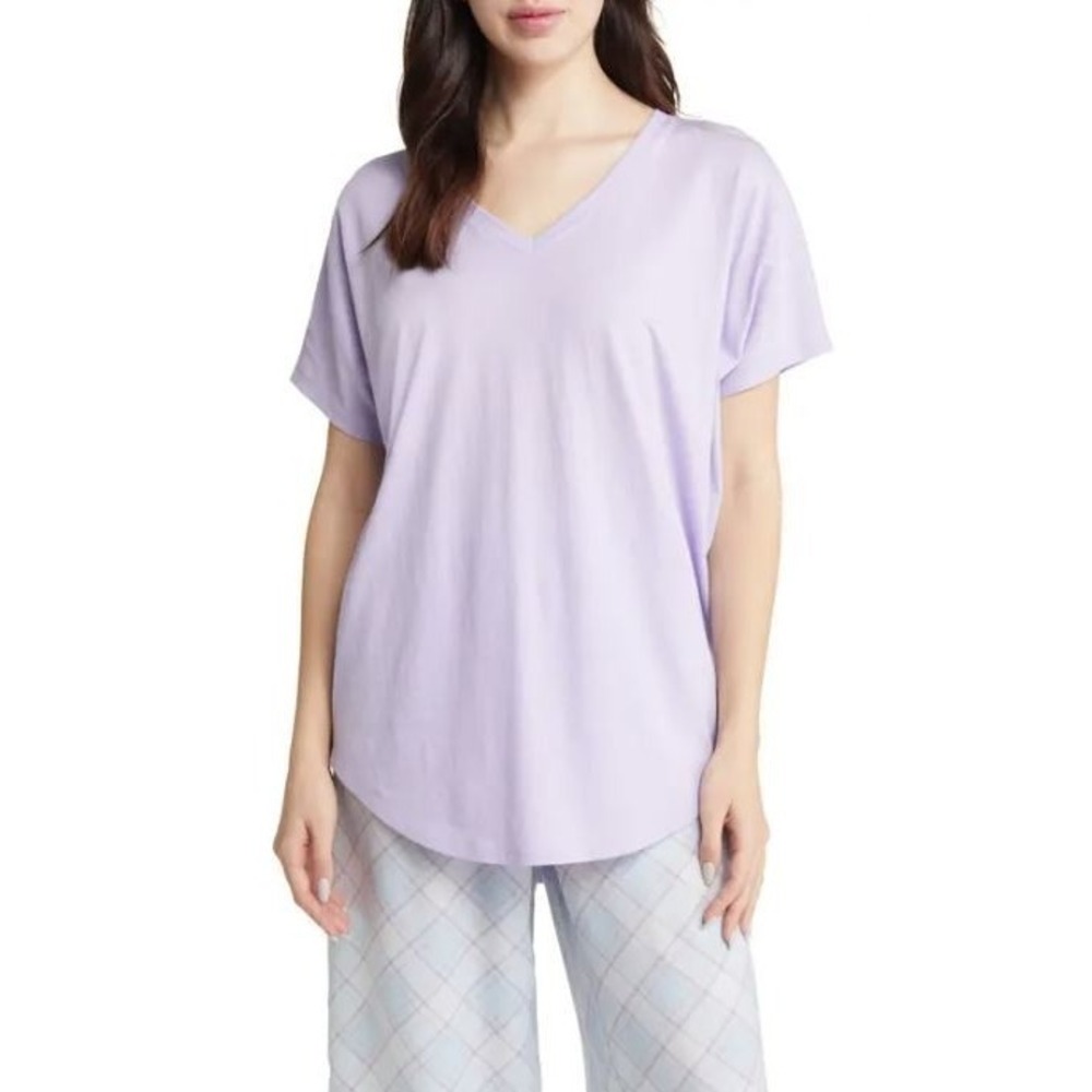 BP. Women's Short Sleeve V-Neck Sleepy Lounge Tee in Purple Spray Medium